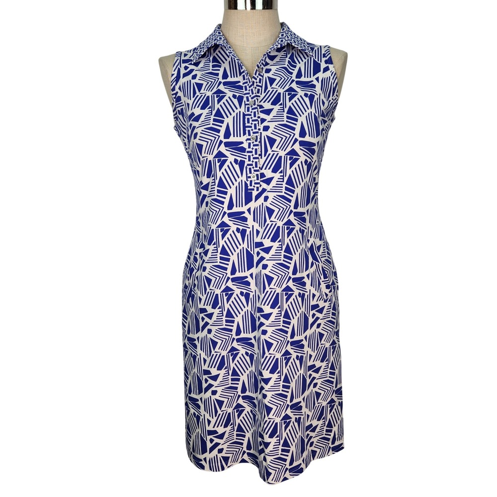 J.McLaughlin Blue White Geometric Catalina‎ Cloth Sleeveless Shift Dress M